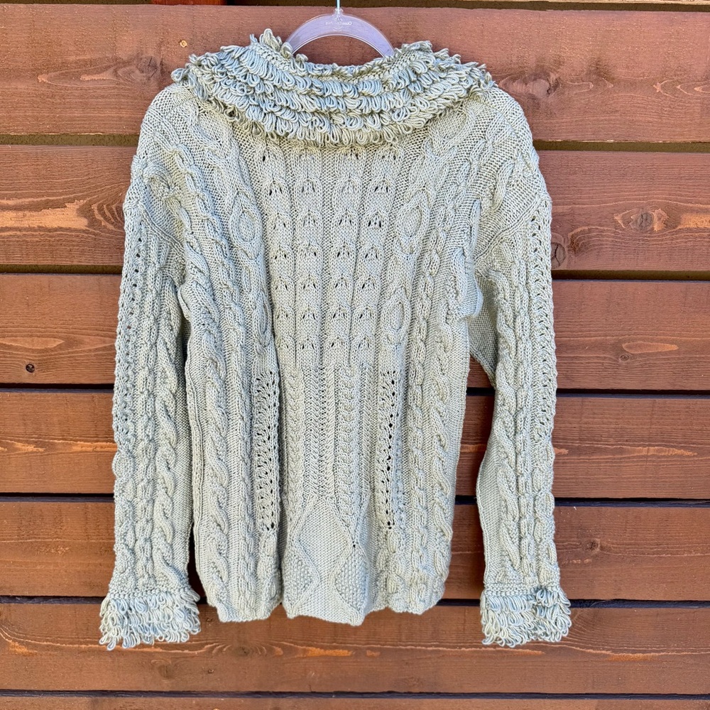 NWT Deirdre McGuire Ireland Hand Knit Fringe Collar Cardigan Sweater Sz L Sage - Picture 8 of 8